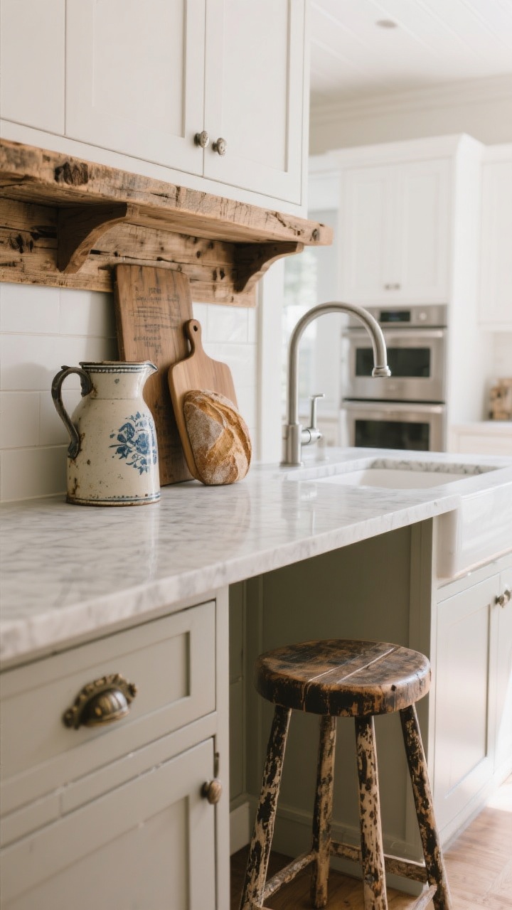 Medium shot of a kitchen vignette mixing old and new: a reclaimed wood mantel shelf with an antique ironstone pitcher and a vintage bread board leaning behind it, paired with a sleek modern gooseneck faucet and stainless efficient appliances in the background. An old reclaimed stool tucks under a quartz-topped counter, while antique hardware is used on a drawer. Neutral palette with white cabinetry and warm wood; natural daylight, angled corner perspective emphasizing the collected, curated feel.