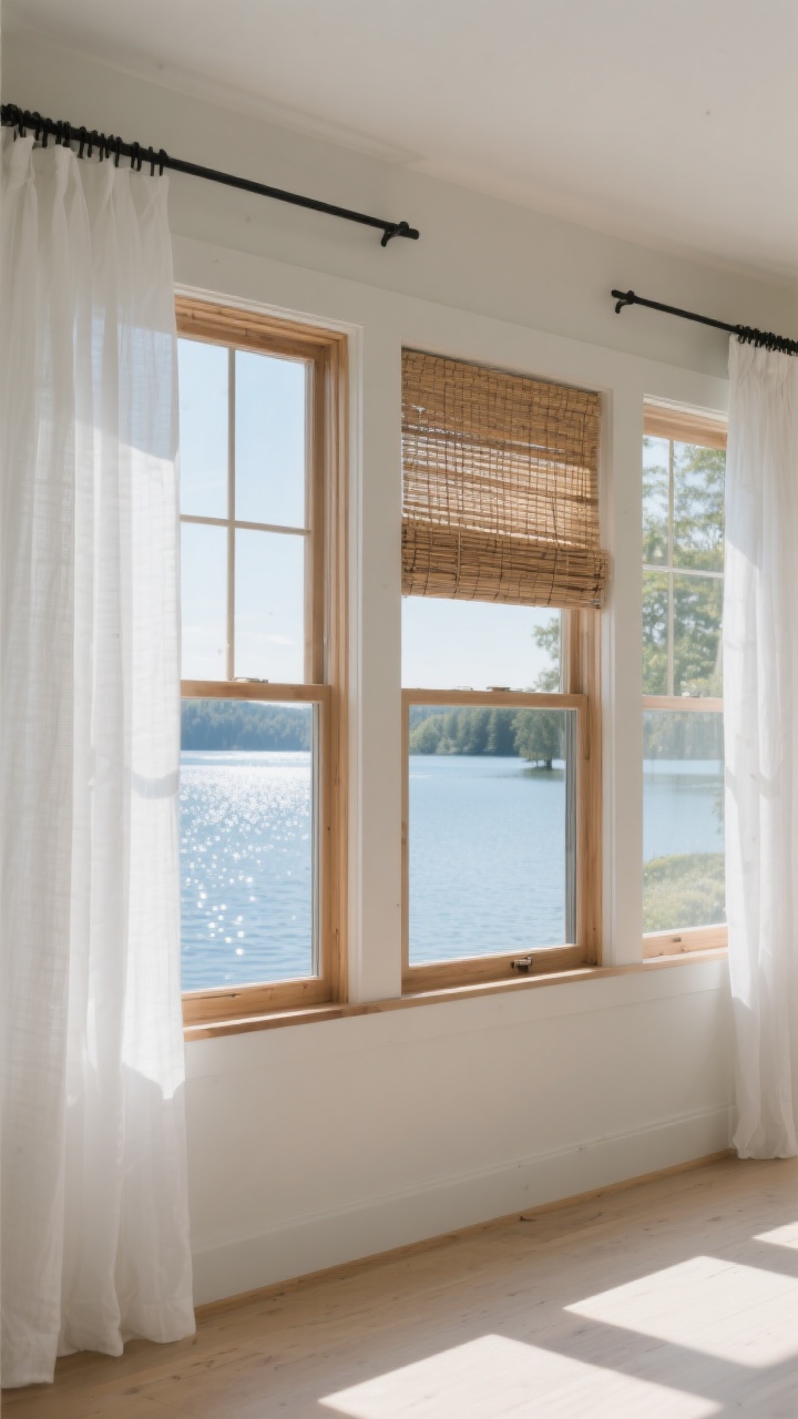 Medium shot of a lake-facing wall of windows: bare windows framing a sparkling lake view as the focal “art,” with low-contrast natural wood window frames; on adjacent windows, airy white linen sheers on simple black rods pulled to the sides; one window features woven wood Roman shades half-lowered filtering glare; bright, diffused daylight flooding the space, photorealistic, straight-on view.