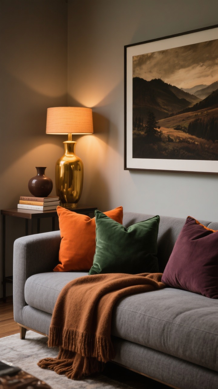 Medium shot of a living room corner showcasing a moody, warm color palette: burnt orange and deep green pillows on a cool gray sofa, a cinnamon-toned throw breaking up the neutral seating, and a framed moody landscape art print in rich tones above; accents in ochre, olive, plum, and chocolate brown repeated three times across the space (pillows, vase, books); golden, warm lighting at 2700–3000K.