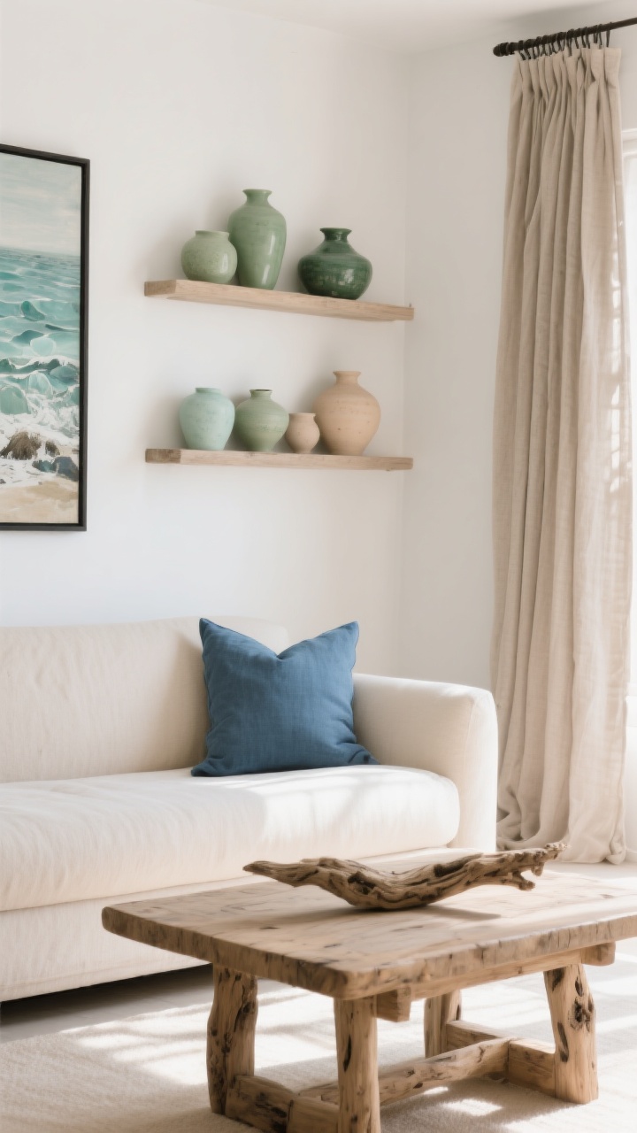 Medium shot of a living room vignette showcasing a sun-washed palette: soft white walls, warm beige sofa, sandy taupe linen curtains; accents in sage green, dusty blue, pale clay ceramics on shelves, and a single indigo pillow for depth; driftwood-toned coffee table, smoky charcoal framed artwork with seaglass hues; light, airy feel with indirect daylight, colors layered through textiles, artwork, and ceramics, avoiding bright or neon tones; straight-on composition.