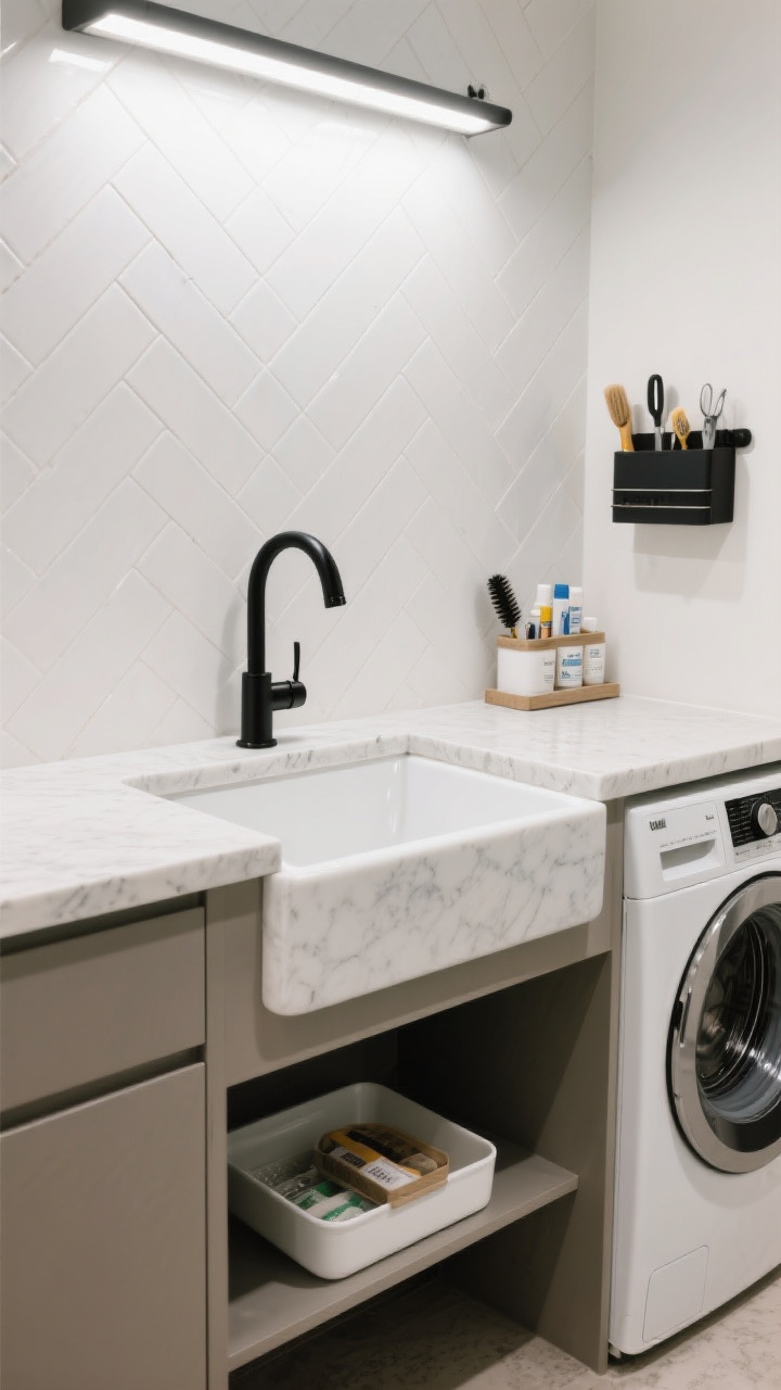 Medium shot of a luxe-feeling small laundry counter with a compact utility sink set into a quartz-look surface, a short peel-and-stick tile backsplash in a clean white herringbone pattern, and a matte black faucet. Include no-sink workarounds nearby: a white countertop basin nested under the counter shelf, an over-the-machine tray corralling stain kits and brushes, and a magnetic caddy attached to the washer side holding small tools. Bright, clean task lighting, modern and practical, photorealistic.