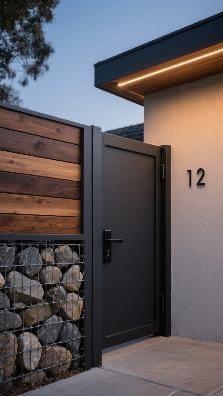 Medium shot of a mixed-material fence: matte charcoal powder-coated metal frames with rich cedar slats in alternating tones, contrasted against a gabion base filled with river rock for texture; matching black gate hardware and house numbers on a nearby wall; warm LED strip lighting tucked under the top cap creating an evening glow; composition from a corner angle to show depth and material transitions; mood: design-forward, dramatic yet refined at dusk with highlights on wood and stone.