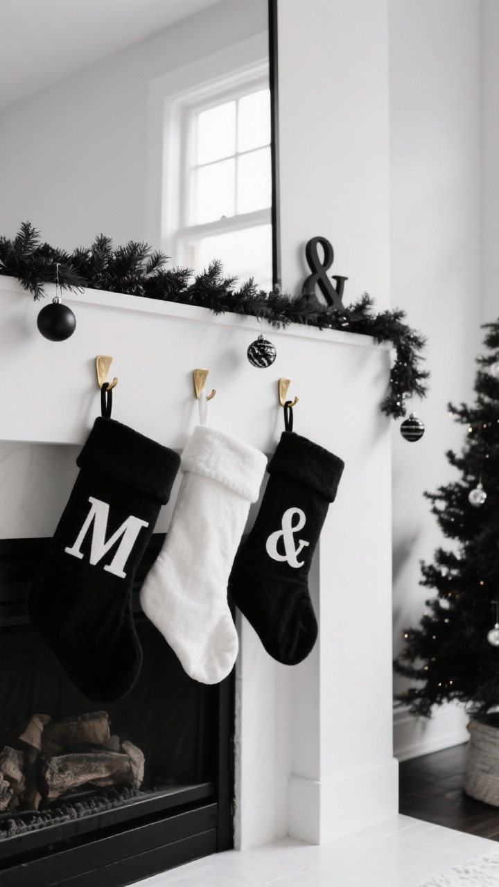 Medium shot of a modern black-and-white mantel: two matte black stockings with oversized white monogram letters in felt, and two crisp white stockings with oversized matte black metal initials; matching matte black and brass stocking hooks alternating along the ledge; minimal decor with a monochrome garland and a few coordinating monogram ornaments visible on a nearby tree; high-contrast, graphic look with soft window light and clean shadows; straight-on perspective emphasizing symmetry and clarity of initials.
