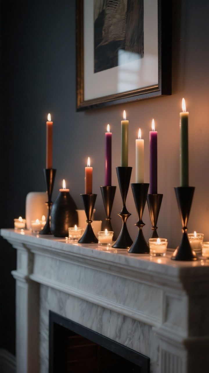 Medium shot of a moody candle vignette on a mantel: matte black and bronze tapered candle holders with unscented tapers in earthy hues—rust, sage, deep plum, and soft cream—mixed with a scattering of low tea lights for sparkle. Varied heights to keep flames away from framed art above; dim evening lighting with warm glow and soft shadows, emphasizing height and quantity without clutter.