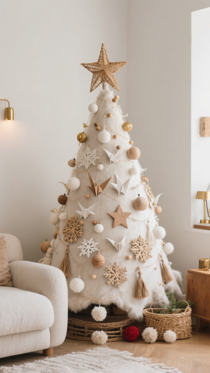 Medium shot of a neutral boho Christmas tree in a calm living room corner: ornaments in matte white, natural wood beads, hand-shaped clay pieces, paper stars, origami cranes, woven straw snowflakes, and wool pom-poms/tassels as fillers; topped with a rattan star; soft metallics like antique gold sprinkled sparingly; muted palette of whites, wood tones, and brass; warm ambient lighting emphasizing the minimalist, earthy look; no bold reds or greens.