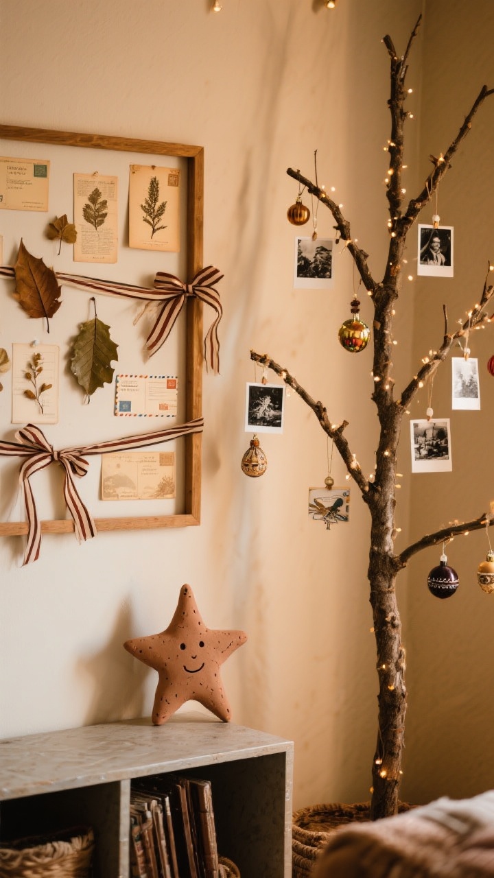 Medium shot of a personalized boho holiday wall and tree vignette: a warm-toned gallery wall featuring vintage postcards, pressed leaves, and ribbon arranged artfully; a nearby tree adorned with photo ornaments showing tiny black-and-white memory prints and a few travel trinket ornaments; on a console below, a child’s imperfect clay star displayed prominently; earthy palette, gentle warm lighting, intimate and story-rich mood.