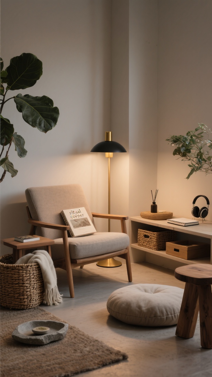 Medium shot of a “ritual corner”: a serene reading nook with a comfy chair, a small wooden side table, and a warm brass or black floor lamp; a woven basket holds blankets and the current book; adjacent, a calm corner vignette with a floor cushion, a low shelf holding a diffuser, journal, and headphones; subtle cedar/vanilla/bergamot ambiance implied; include natural elements—a leafy plant, a stone tray, and a wood stool; clutter control visible via a woven basket and under-shelf boxes; lights dimmed to cozy evening glow; photorealistic.