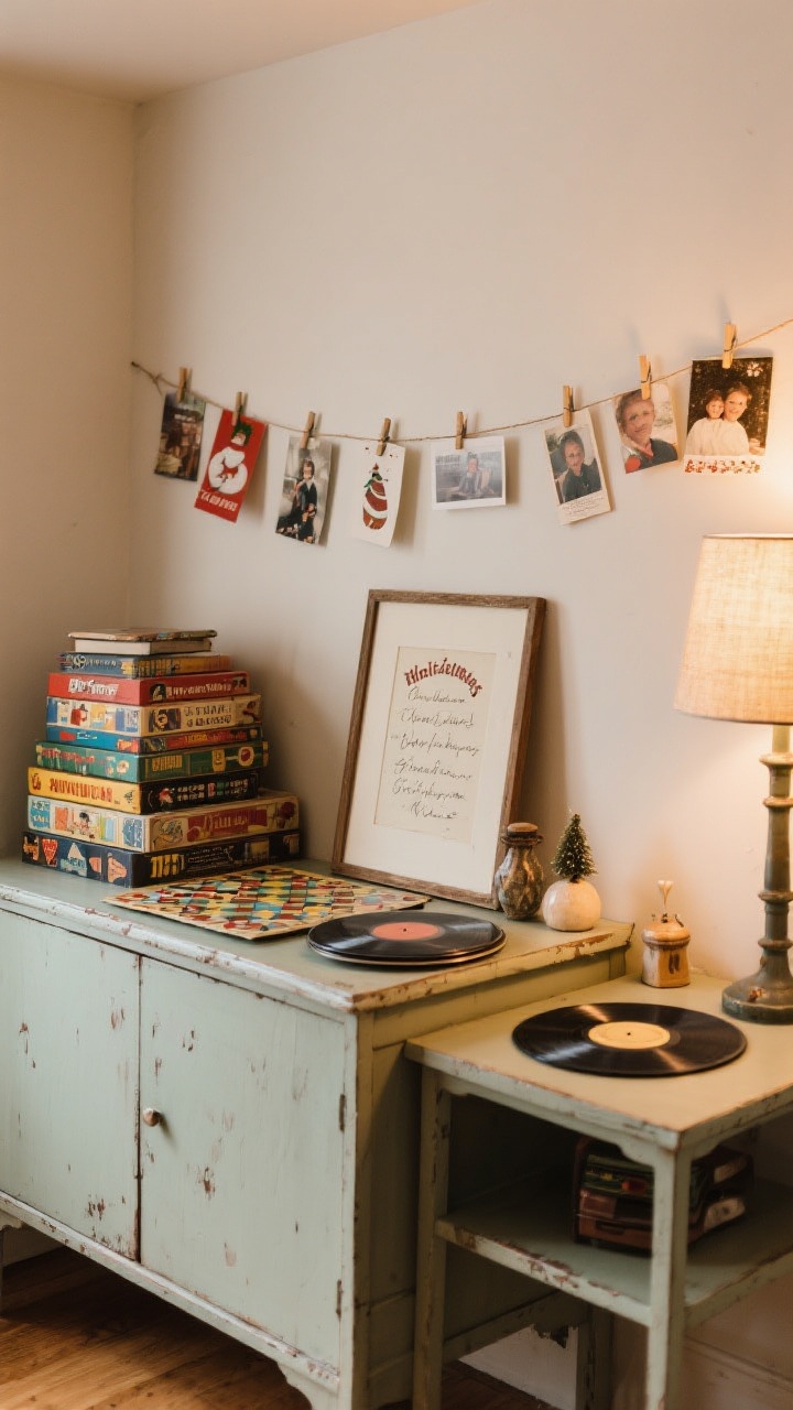 Medium shot of a sideboard and wall vignette celebrating memory-rich, imperfect decor: a stack of vintage board games and a few classic records on a side table; a framed handwritten holiday recipe leaning on a shelf next to small seasonal objects; a string line stretched across a section of wall with mini clothespins displaying holiday cards and family photos. Warm, homely atmosphere, soft lamp lighting, slight patina and wear visible.