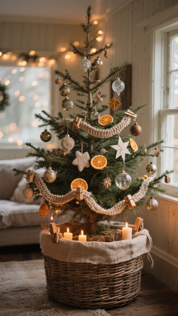 Medium shot of a slightly sparse, natural-looking Christmas tree in a cottage living room corner, styled heirloom-style: a mix of vintage glass ornaments, handmade felt pieces, dried orange slices, and paper star ornaments; woven or knit ribbon cascading instead of glittery garland; battery-operated wooden candle clip lights glowing warmly; the base set in a large wicker basket serving as a tree collar with a linen/burlap skirt tucked inside. Warm, cozy evening light, bokeh fairy-light effect in the background.