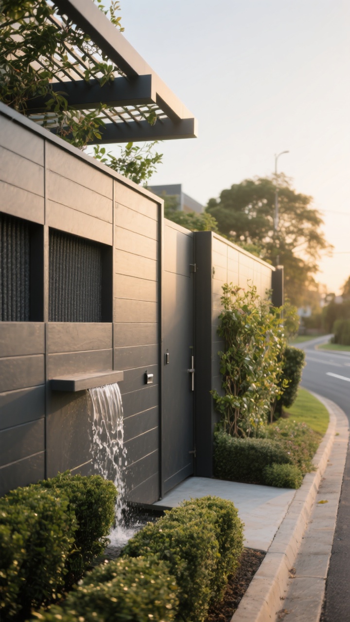 Medium shot of a sound-softening fence along a side yard near a road: solid, thicker composite panels forming a mass barrier; a staggered double-skin section with a visible air gap at a gate for acoustic reduction; dense hedge and climbing plants layered along the fence to absorb sound; a wall-mounted water feature creating gentle white noise; a slim trellis beam topping the fence to help deflect sound upward; captured from a slight corner angle at golden hour for calm, quiet mood.