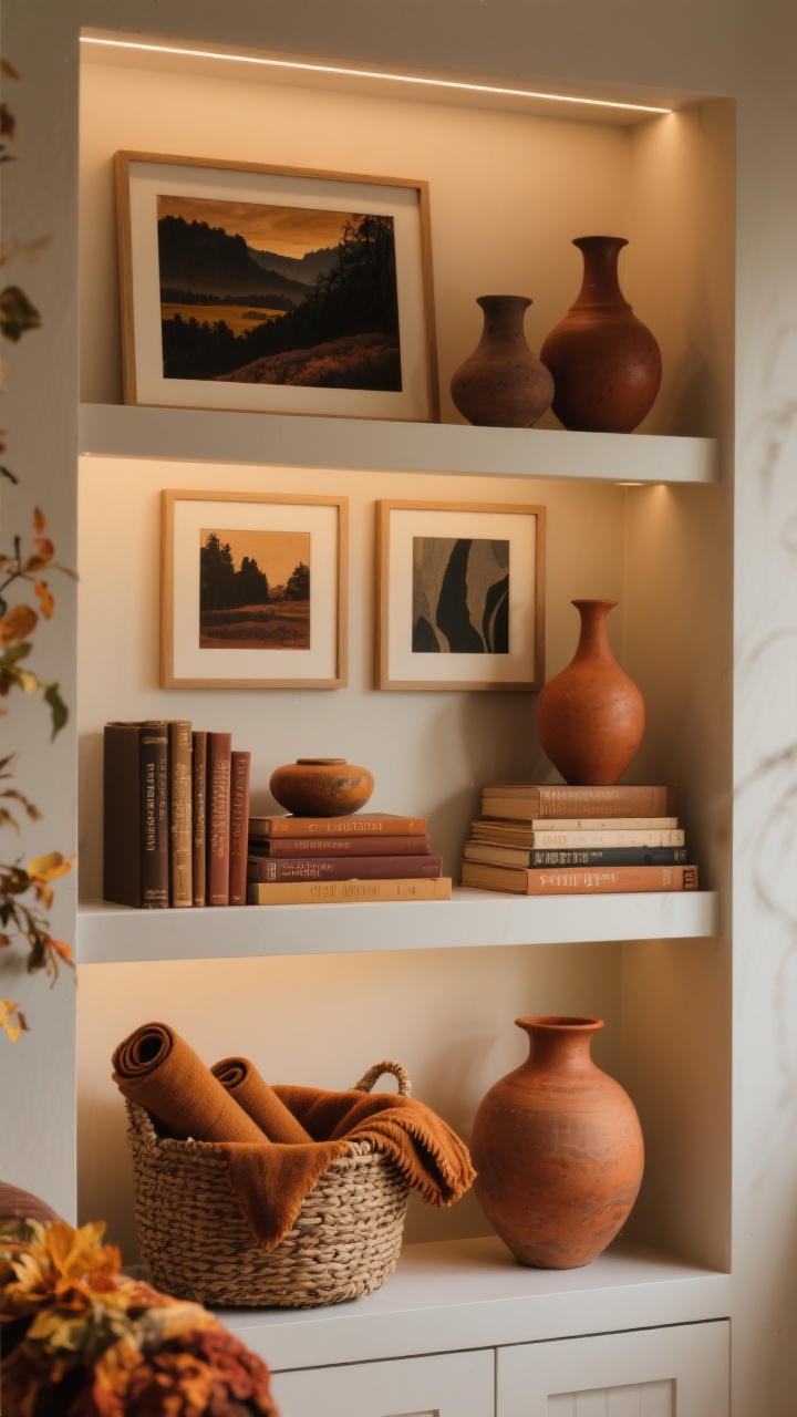 Medium shot of a styled shelving niche for seasonal art and accents: small framed moody landscapes and deep-toned abstracts swapped into existing frames, ceramic and terracotta vessels with sculptural silhouettes, stacks of books with autumnal spines arranged for height, and a woven basket holding rolled throws; warm ambient lighting, cohesive fall palette.