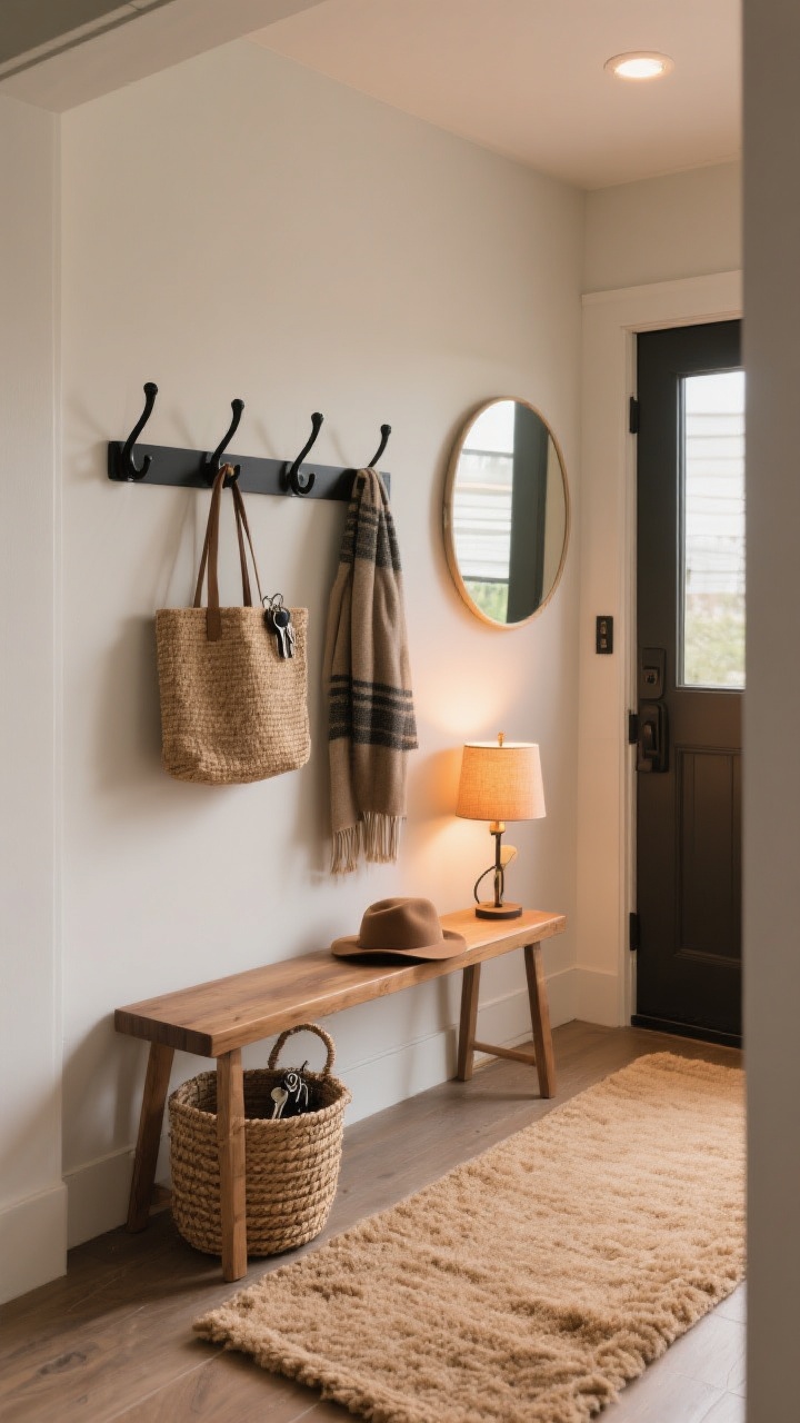 Medium shot of a tiny entryway landing zone: a plush runner in warm beige underfoot, wall-mounted matte black coat hooks holding a scarf and tote, a woven jute basket catching keys and hats on a small wood bench; a small sconce or petite table lamp casting a gentle amber glow; a round mirror above to bounce light; cozy, welcoming mood with clean organization; photorealistic.