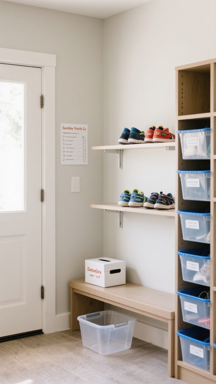Medium shot of a two-tier shoe system near a door: Tier 1 grab-and-go zone with just 1–2 pairs per kid on an open shelf at arm’s reach; adjacent Tier 2 overflow on a nearby narrow shelf with clear bins and blue bins, all labeled; a small bench tucks one clear bin beneath; subtle Sunday-reset checklist card on the wall; neutral walls, soft diffused daylight, corner angle capturing the front-access Tier 1 and the out-of-the-way Tier 2; include a donation box to hint at one-in-one-out.