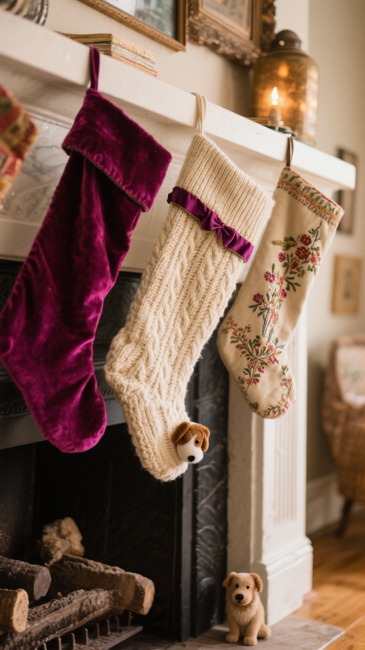 Medium shot of an eclectic mantel showcasing mix-and-match stockings: one jewel-toned velvet, one chunky knit in cream, and one delicately embroidered, all unified by a shared ribbon trim in coordinating color; a mini stocking for a pet adding variation in size; palette limited to 3–4 colors across the display; asymmetrical arrangement with staggered heights and textures for a collected-over-time look; warm ambient lighting; angled perspective to emphasize depth and variety.
