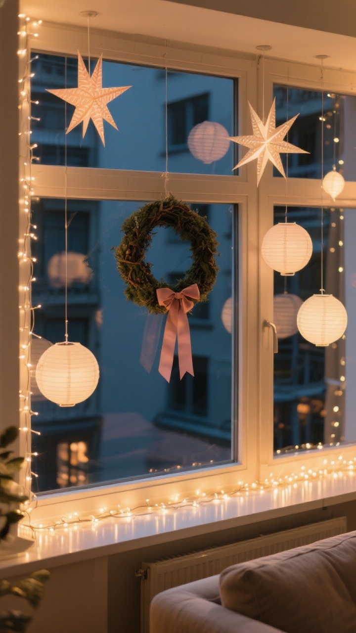 Medium shot of apartment windows turned festive: simple wreath hung asymmetrically with ribbon in the chosen palette, paper star lanterns suspended at varying heights with invisible fishing line, and a frame of twinkly LED curtain lights along the sill; nighttime reflections multiplying the warm glow; a sofa edge visible for context.