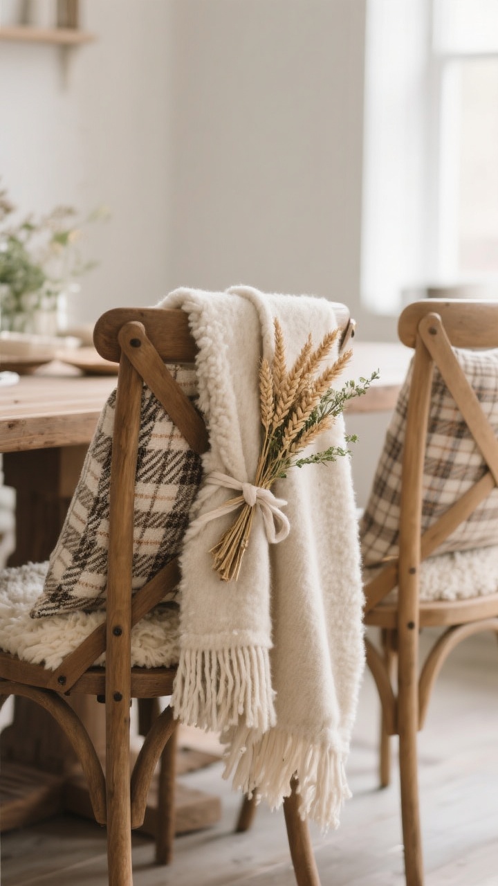 Medium shot of dining chairs cozied up: sheepskin throws or lightweight neutral blankets draped neatly over chair backs, tie-on cushions in plaid or herringbone patterns, and a small bundle of wheat or herbs clipped to the back as a sweet detail; keep throws light and tidy; warm, diffused light enhances softness; no people.