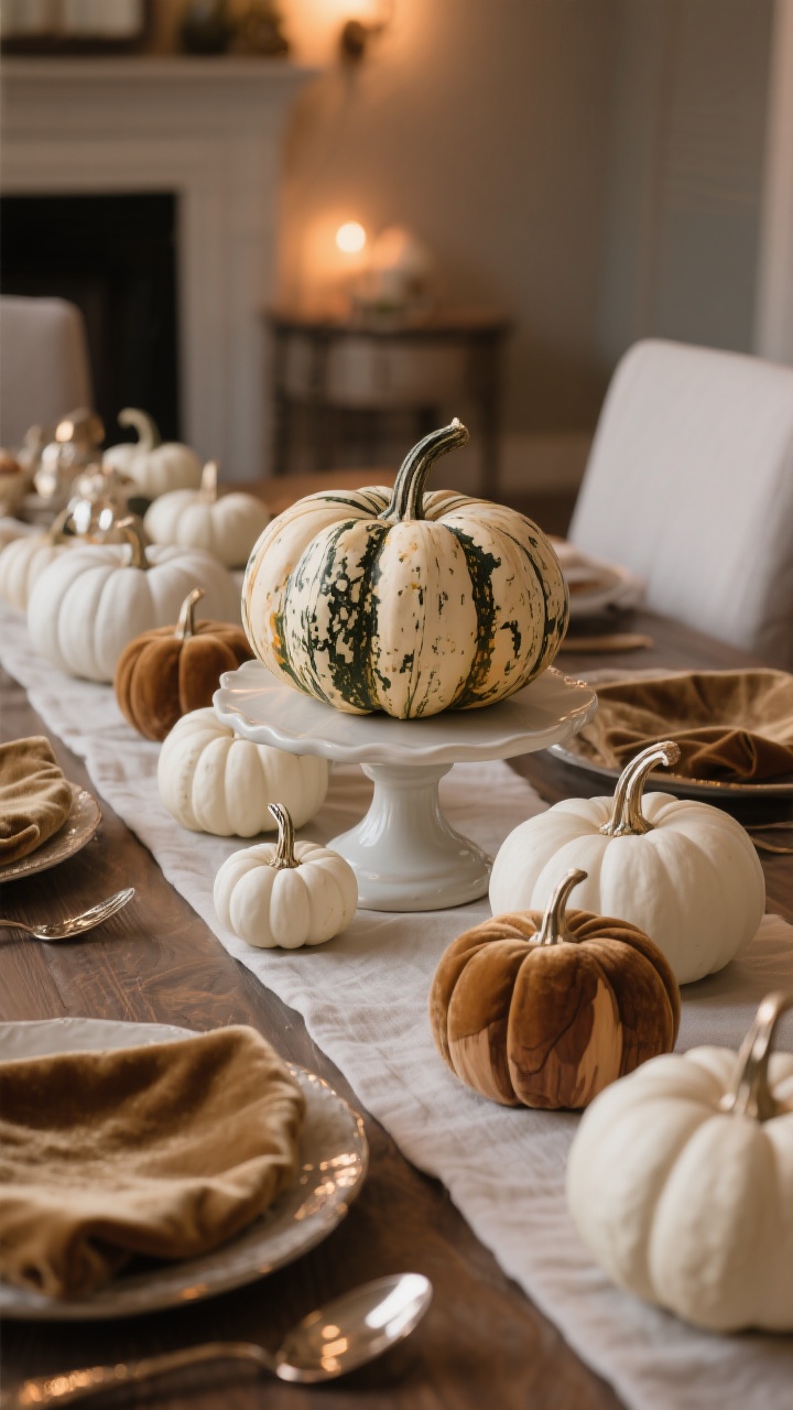 Medium shot of elegant pumpkin styling on the table: mixed materials including ceramic, velvet, and wood pumpkins, plus an heirloom variety; group mini white pumpkins along the runner, and feature one large heirloom pumpkin elevated on a cake stand as a focal point; a few painted pumpkins in matte neutrals match the palette; subtle metallic stems add a hint of shine; warm evening glow.