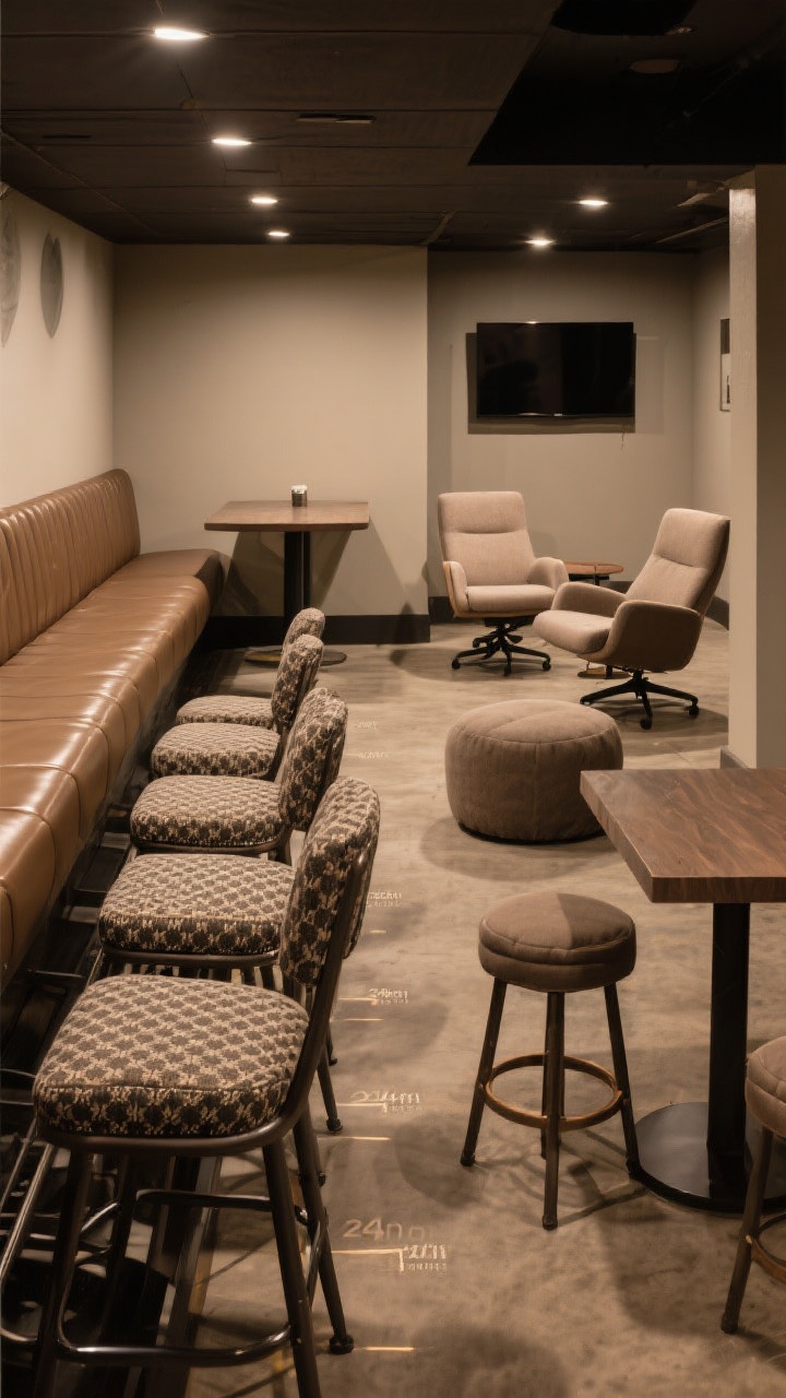Medium shot of inviting basement bar seating from a slight corner angle: a row of supportive bar stools with backrests and integrated footrests in performance fabric or faux leather with a subtle pattern; adjacent wall-length banquette with a pedestal table for space-saving comfort; a pair of swivel lounge chairs oriented toward a TV; a couple of movable stools/poufs tucked nearby for overflow; clear spacing of approximately 24 inches per stool; warm, wipeable materials and cozy atmosphere, no people.