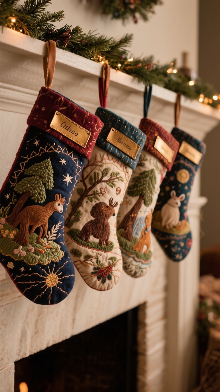 Medium shot of maximalist embroidered stockings hanging from a simple, understated garland: vintage-inspired storybook scenes with woodland animals and celestial motifs, curated so thread colors coordinate across the set; slim brass and leather name tags attached to each stocking; the rest of the mantel kept minimal to let the embroidery shine; warm, cozy evening light accentuating thread detail and depth; straight-on view with crisp focus on intricate stitching.