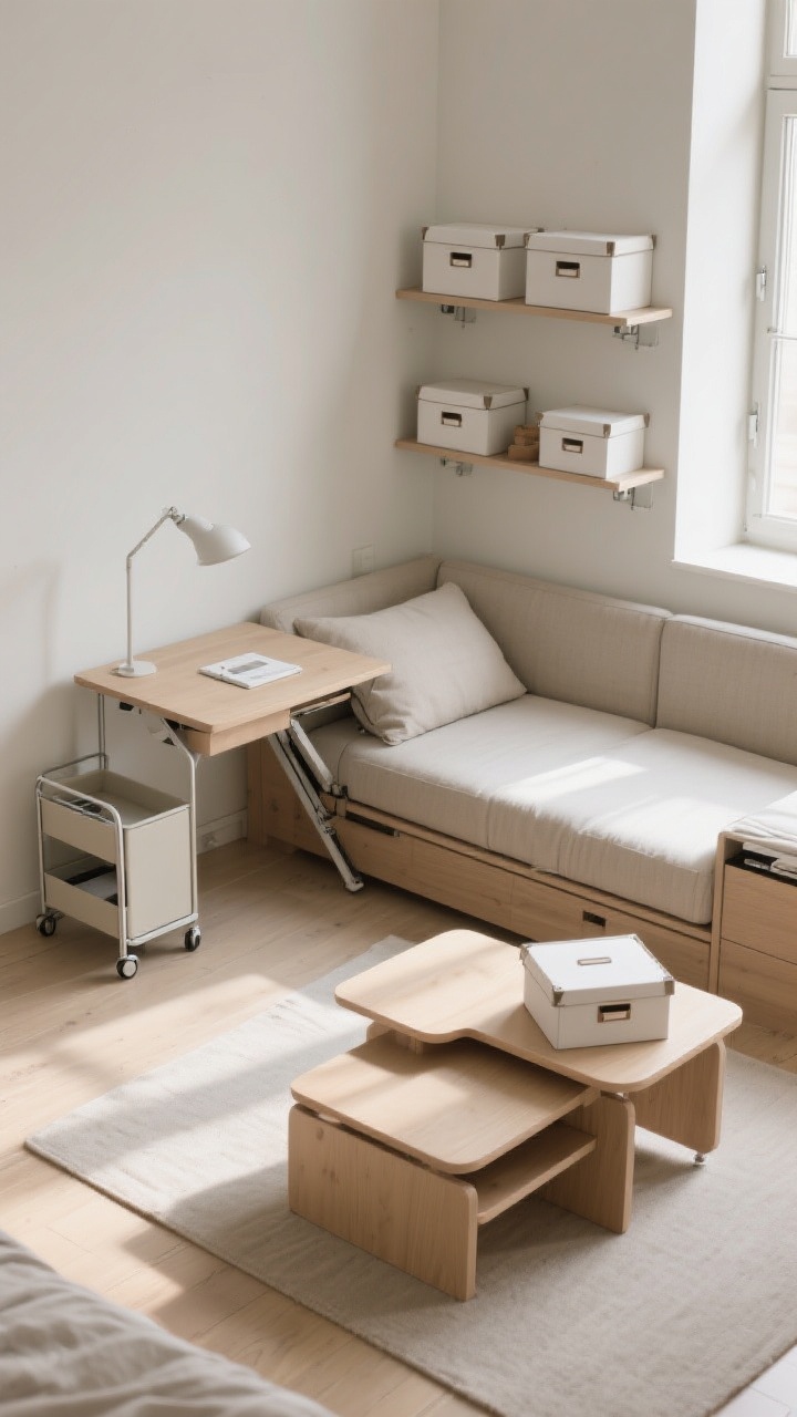 Medium shot of multifunction zones with flexible furniture: a daybed with trundle dressed simply, a wall-mounted fold-down table used as a compact desk, a slim rolling cart serving as both nightstand and office caddy, and nesting side tables partially pulled apart; lidded boxes tucked on a shelf for quick stash, minimal visual clutter; neutral palette with functional accents, afternoon light; shot from an overhead-corner angle to show clear pathways and easy transformability between office and guest mode