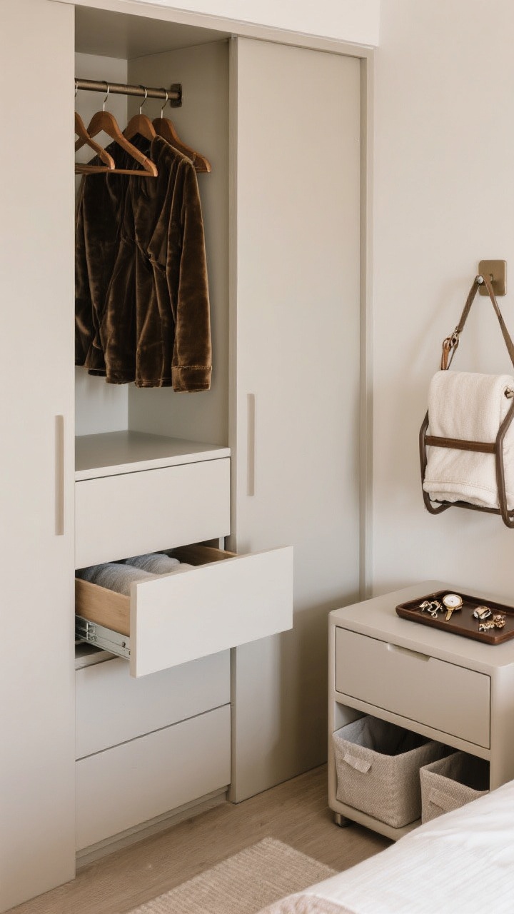 Medium shot of smart guest storage: an open dresser drawer with fresh, simple drawer liners; adjacent closet door open showing several velvet hangers and a wall hook holding a bag; a luggage rack with a folded extra blanket stands at the foot of the bed; a bedside tray neatly corrals keys, watch, and jewelry; neutral tones with hidden under-bed bins just visible; tidy, functional composition.
