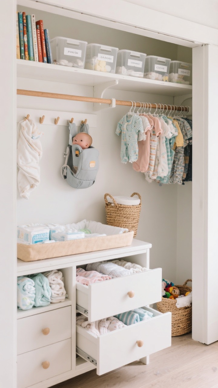 Medium shot of smart storage solutions: open closet with a second hanging rod filled with tiny clothes, shelf dividers, and clear labeled bins; a dresser-as-changing-table with top drawer slightly open showing neatly organized diapers and wipes, middle drawer with onesies and PJs, bottom drawer for swaddles and blankets. Wall storage with floating book ledges (lip rails) displaying face-out books, pegs holding swaddles and a baby carrier, and baskets (large lidded toy basket plus smaller baskets for burp cloths). Bright, organized, hidden-storage emphasis.