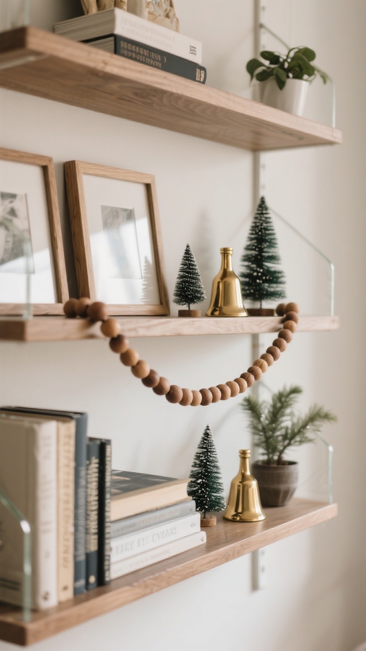 Medium shot of styled shelves with a subtle holiday edit: keep base elements—books, a couple of frames, a small plant—then add seasonal accents like brass bells, mini bottle-brush trees, and a wood bead garland draped thoughtfully; repeating materials (wood, glass, brass) for cohesion; uncluttered, softly lit scene.