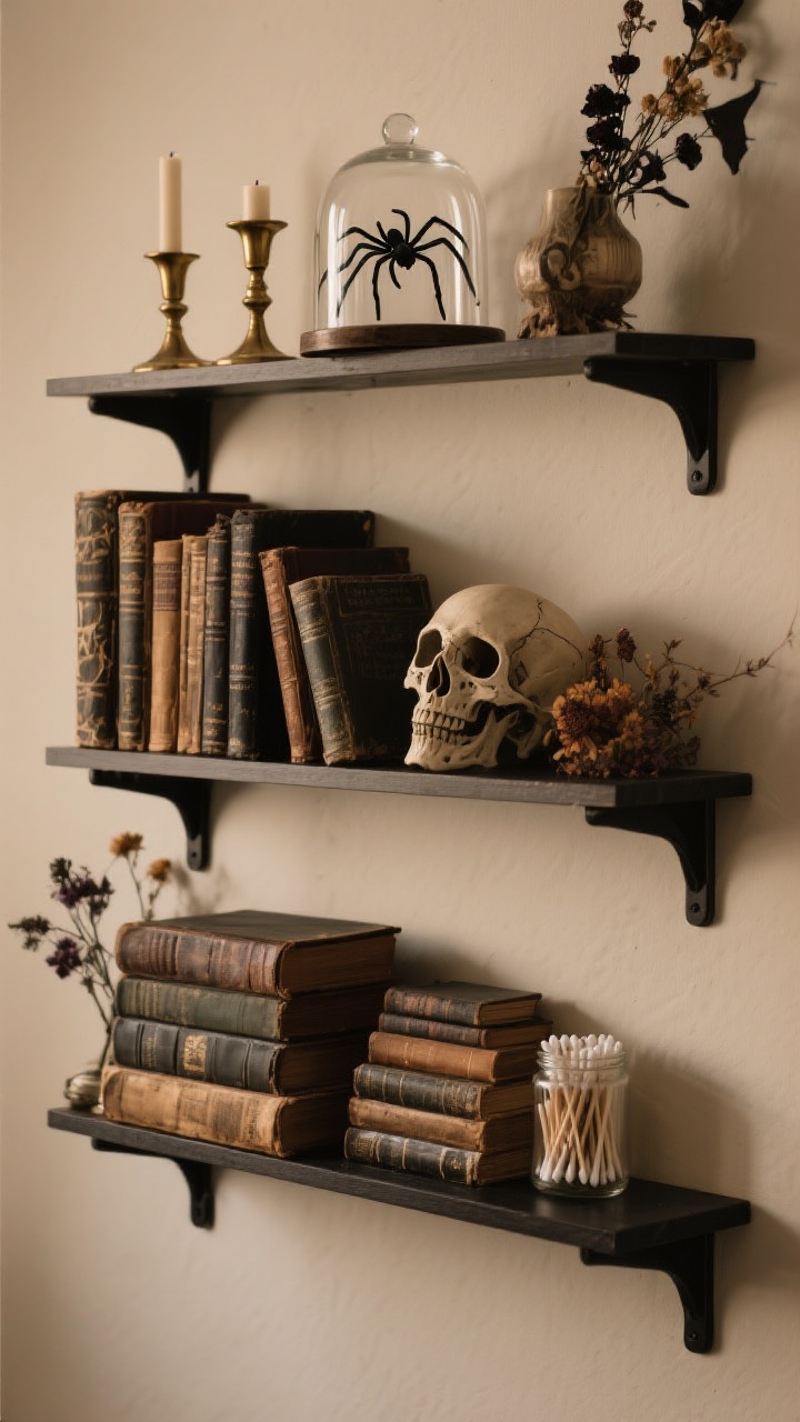 Medium shot of styled wall shelves as a sinister shelfie: stacked old books with worn spines, brass candlesticks (unlit), a realistic faux skull, and dried florals for a witchy library feel; one conversation piece under a glass cloche—a plastic spider—front and center; arranged in odd-number clusters (3s and 5s); a clearly designated open space for essentials like a jar of Q-tips; matte black brackets, muted warm lighting.