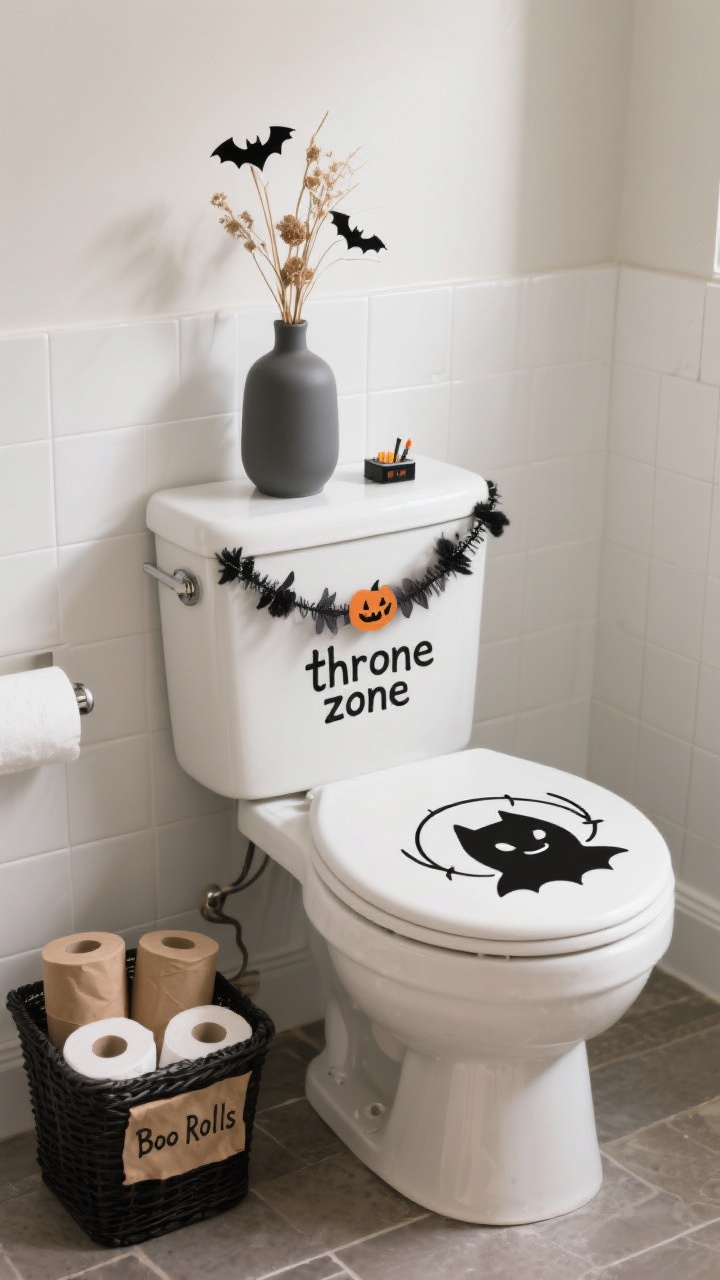 Medium shot of the “throne zone”: toilet with a tasteful seasonal lid cover and a minimal vinyl decal on the tank; black basket on the floor or tank top holding extra TP rolls wrapped in kraft paper labeled “Boo Rolls”; a low-profile vase with dried stems and a mini bat garland resting on the tank; a small match striker or lighter nearby; clean tile backdrop, gentle ambient light.