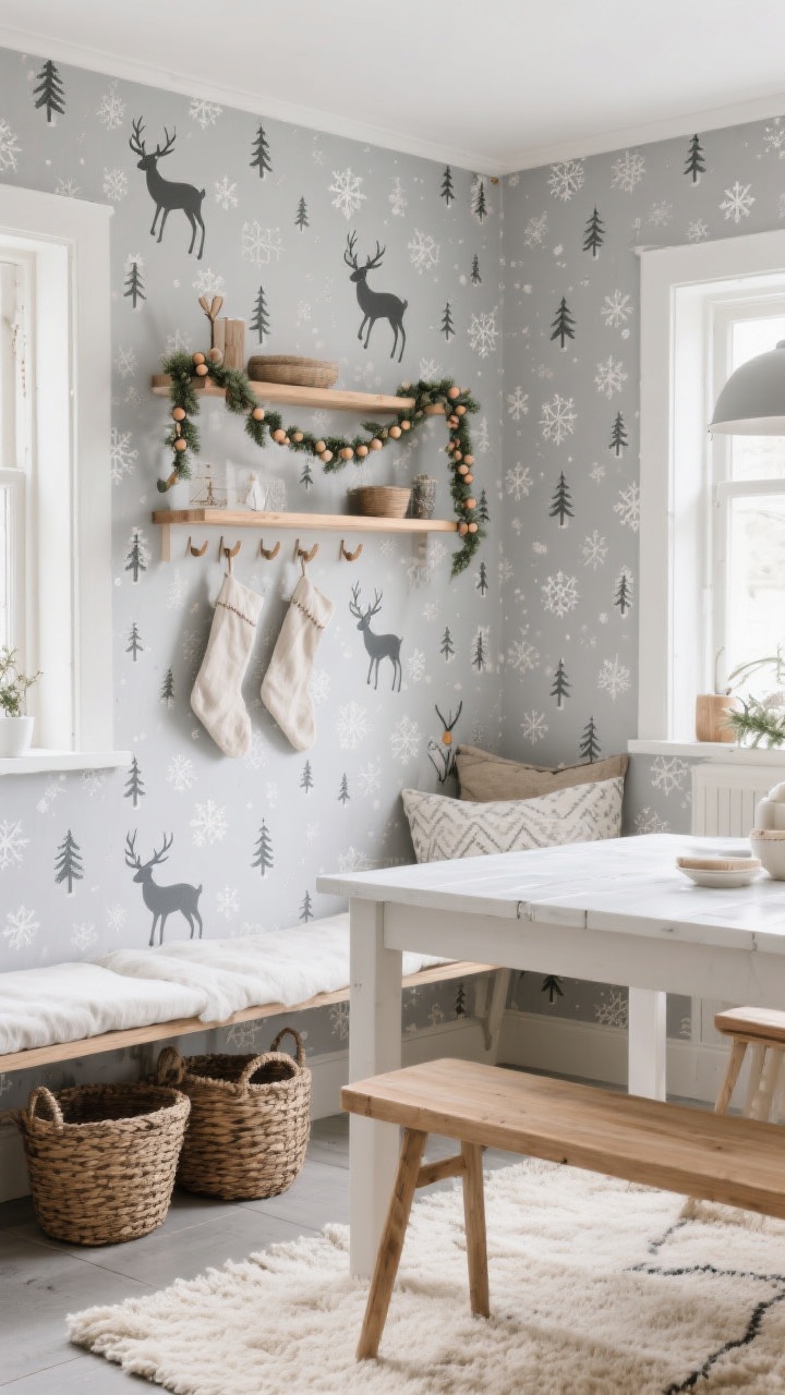 Medium shot: Scandinavian-inspired dining nook with gray-and-cream wallpaper featuring small-scale folk motifs—reindeer silhouettes, pine trees, and snowflakes—in a consistent pattern. Natural materials throughout: wood bead garlands draped over open shelving, linen stockings on pegs, woven baskets under a bench. Add a soft ivory/oatmeal rug to unify the neutral palette; clean daylight, straight-on composition, photorealistic.