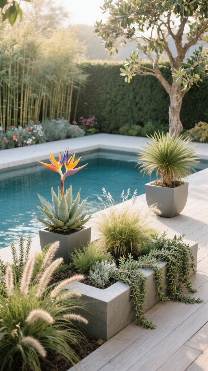 Medium shot, soft morning light: Planting that frames the pool without overwhelming. Compose architectural specimens—bird of paradise and agave in modern planters, a sago palm, and an olive tree—placed to flank the water. Add softening layers with foxtail fern, dwarf fountain grass, lomandra, and trailing rosemary spilling from a raised bed. Include a privacy screen of clumping bamboo or podocarpus in the background. Keep messy bloomers away from the water’s edge; clean deck lines, minimal leaf litter.