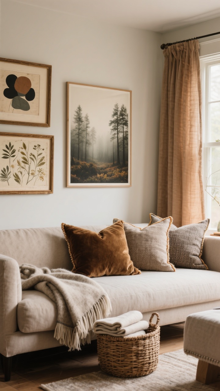 Medium shot straight-on: A living room wall and sofa area showing seasonal swaps. Frames hold moody abstracts, vintage botanicals, and a foggy forest print, replacing summery art. Pillow covers on the sofa in wool, velvet, and tweed with subtle piping or fringe; a heavier linen or lined drape in a warm neutral hangs at the window. Two throws styled—one draped over the sofa arm, another neatly folded in a woven basket. Soft, warm light, photorealistic, no people.