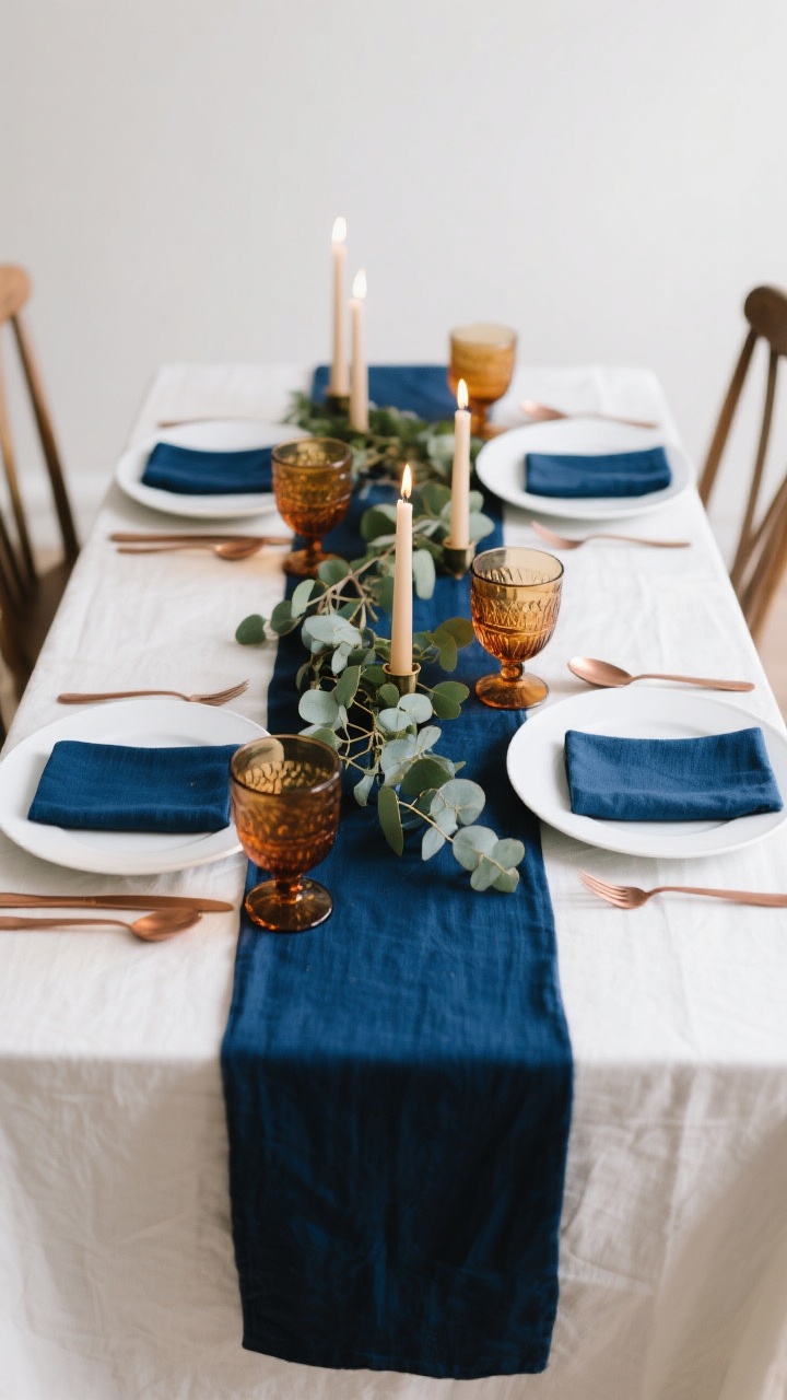 Medium shot, straight-on angle of a coordinated Thanksgiving table focusing on a clear color story. Choose the “Blue & Copper” palette: navy table runner leading the scene, crisp white plates, copper flatware, and amber glass water goblets repeating across the table. Anchor the palette with the navy runner and repeat colors at least three times (napkins, glassware, taper candles). Add natural greens as a neutral bridge—eucalyptus sprigs tucked near settings. Candlelight softly warming the copper tones; background kept minimal to emphasize intentional, refined color balance; no people.