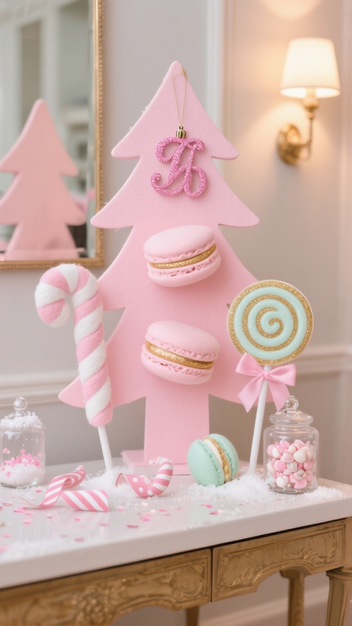 Medium shot, straight-on, of a chic candy-inspired pink tree: a curated trio of candy shapes repeated—macarons (felt), ribbon candy, and round lollipops (acrylic)—in a tight palette of blush, ballet pink, white, and metallic gold, with a soft mint accent. Include a few clear ornaments filled with faux snow or pink confetti for breathing room. Add stripe or polka-dot ribbons subtly echoing candy packaging without feeling juvenile. Include one elegant pink glitter script initial ornament. In the background on a console, a small glass apothecary jar filled with faux candy mirrors the theme. Soft, flattering warm lights, high-quality finishes, photorealistic.
