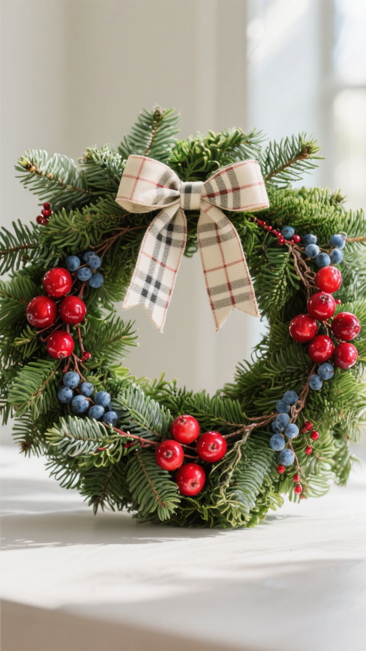Medium shot, straight-on of a fresh green wreath bursting with color; vivid red cranberries wired in clustered groups of three for high-impact spots; juniper sprigs with powdery-blue berries interwoven for texture; cream grosgrain or classic plaid ribbon bow for contrast; bright, crisp daylight to make reds pop against deep greens; photorealistic, with glossy berry surfaces and natural evergreen detail