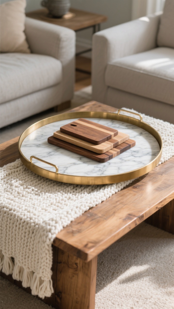 Medium shot, straight-on view: A living room coffee table styled with a cozy neutral base using a chunky knit runner in ivory over a natural wood table, topped with an oversized round brass-edged tray covering about one-third of the table. Inside the tray, layered boards—a warm walnut cutting board stacked over a thin marble slab—create a framed stage for decor. Surrounding colors stay calm: oatmeal, soft gray, and ivory. The mood is warm and intentional, with soft afternoon natural light grazing the knit texture and the marble’s subtle veining. No people.