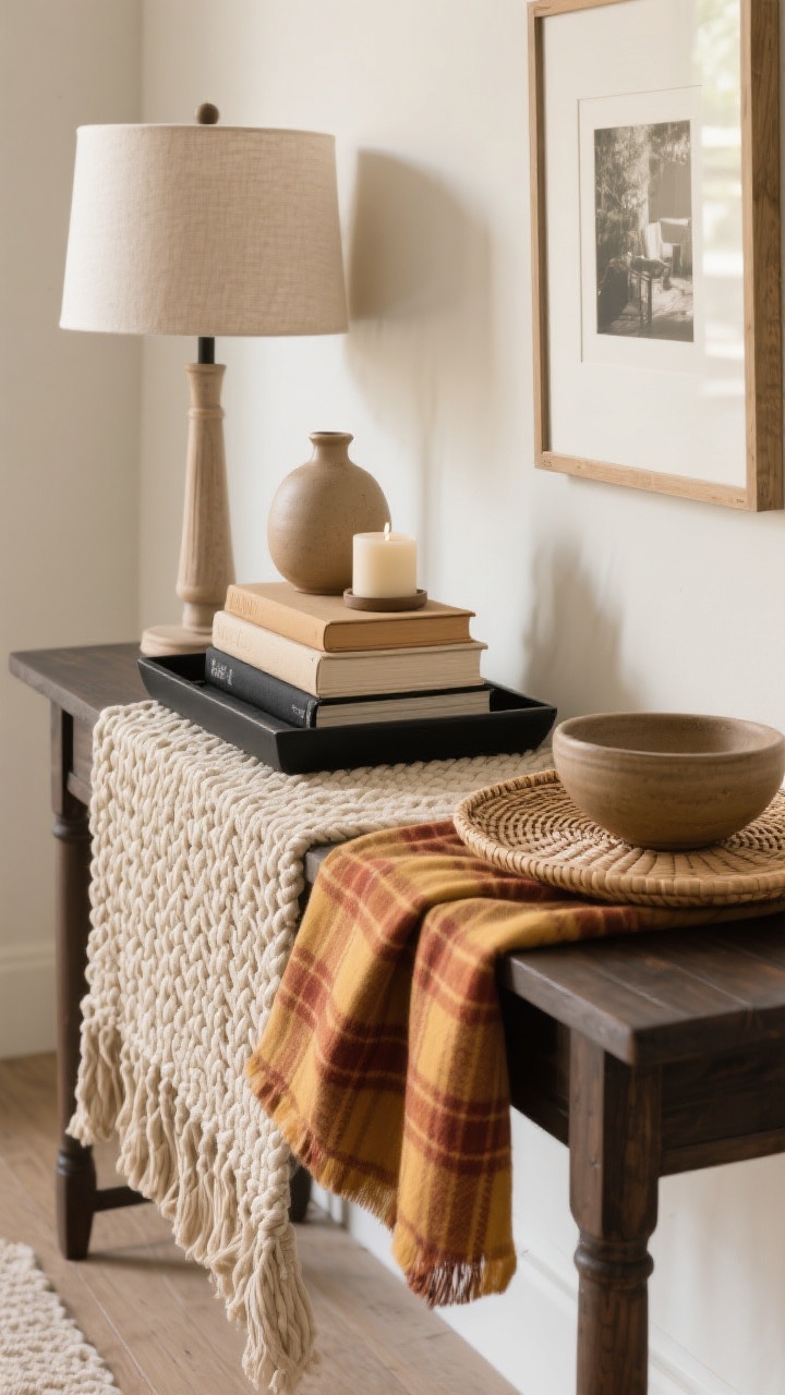 Medium shot, straight-on view: A styled entry table foundation focused on intentional layering. A chunky woven runner in oatmeal draped lengthwise over a dark wood console table, topped with a large matte black rectangular tray anchoring the setup. On the tray, stacked neutral hardcover books used as risers, supporting a medium ceramic vase and a small candle. To the left, a tall table lamp for height; to the right, a framed photo at medium height; in front, a low ceramic bowl. Optional swap: a folded linen tablecloth in tan or a rust plaid scarf as the textile base, and a round rattan tray to soften lines. Color palette: tan, oatmeal, charcoal, with optional mustard herringbone accent. Soft, natural afternoon light, photorealistic, no people.