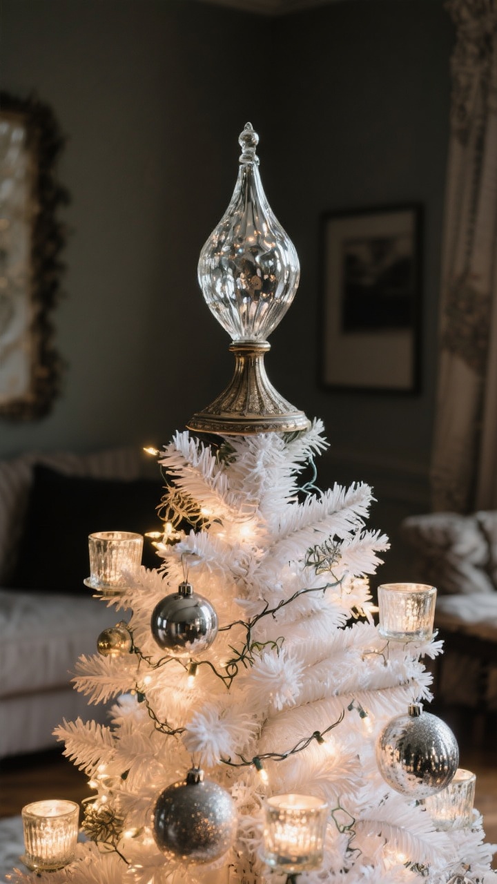 Medium shot, straight-on view of a Christmas tree top showcasing a dramatic vintage glass finial topper with mercury glass sheen; echoing materials in the scene include mercury glass votives and a few tin ornaments lower on the tree; warm white tree lights glowing; floral wire subtly visible securing the topper; cozy, slightly darkened room for luminous contrast, photorealistic.