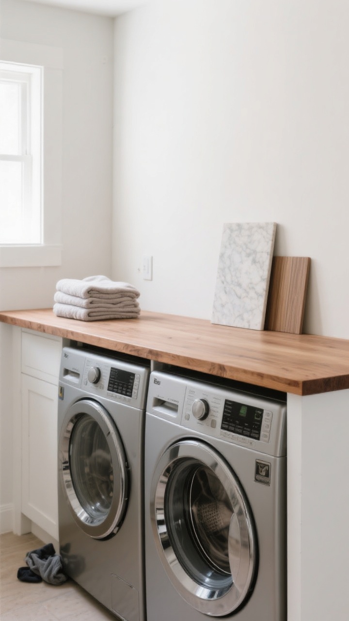 Medium shot, straight-on view of a front-loader washer-dryer with a continuous countertop installed over them creating a proper folding zone. Feature a warm butcher block counter with a subtle 1-inch lip at the edge to prevent socks from falling. Include alternate material samples leaned on the backsplash (laminate swatch, pale quartz sample) to hint at options. Minimalist styling with a folded stack of towels, sleek white walls, soft diffuse daylight, clean lines, photorealistic.