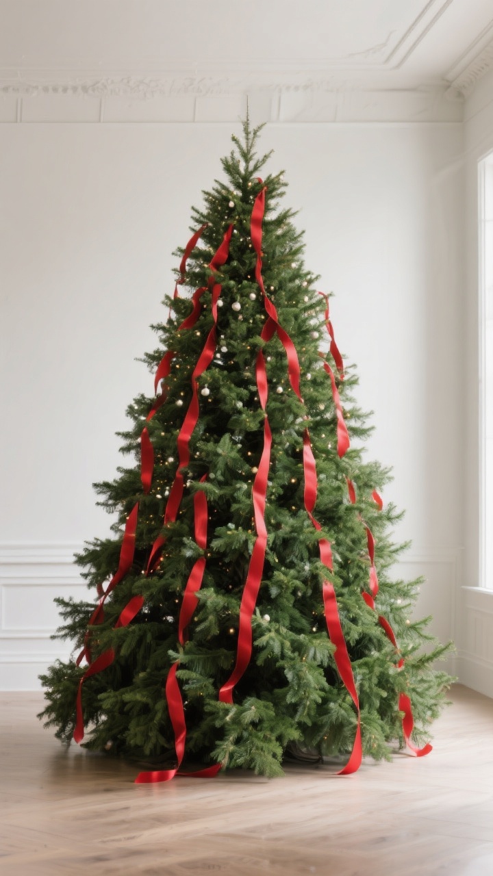 Medium shot, straight-on view of a lush green Christmas tree styled with cascading red ribbons as the primary feature: wide