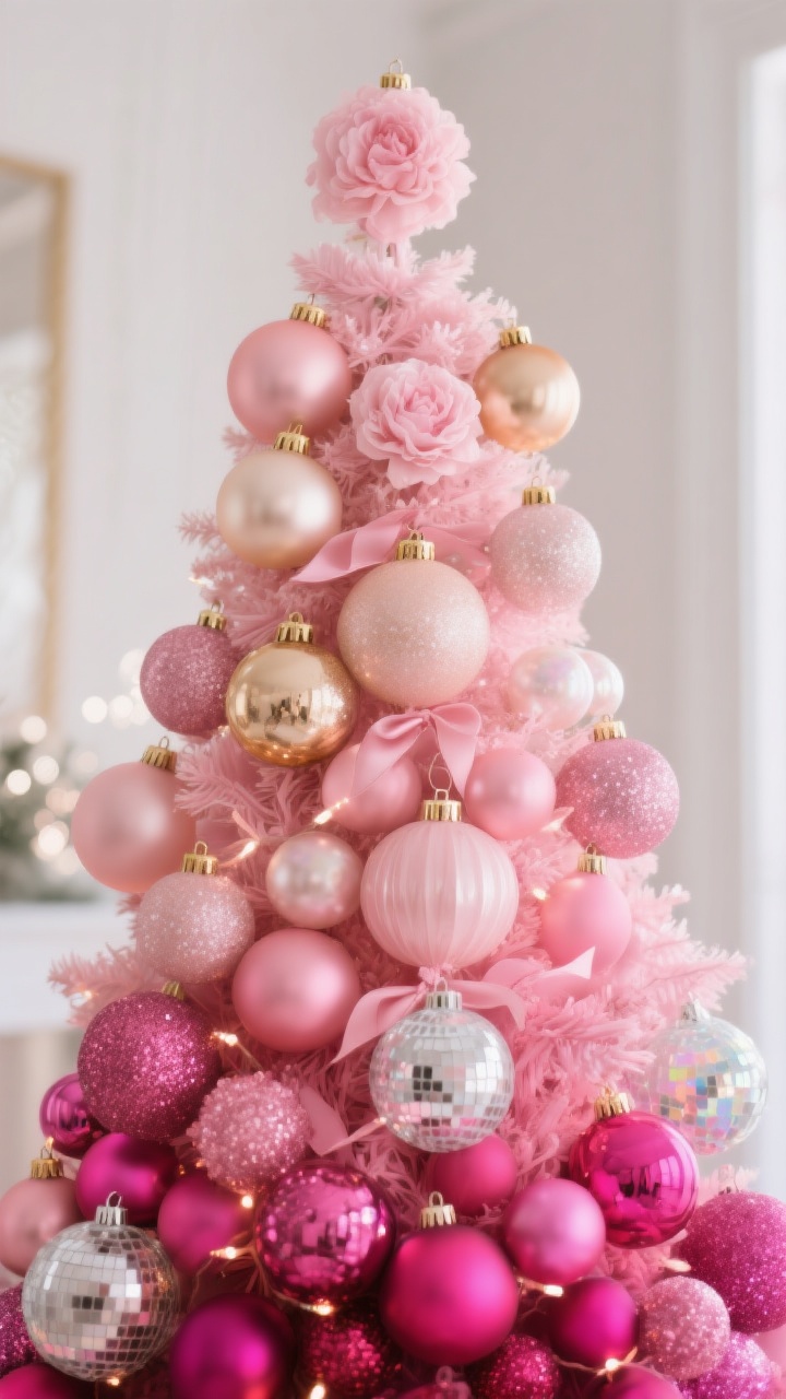Medium shot, straight-on view of a pink Christmas tree showcasing a blush-to-fuchsia ornament gradient: pale blush, champagne, and soft rose ornaments at the top transitioning to bubblegum and peony mid-levels, finishing with hot pink, raspberry, and magenta at the bottom. Include mixed finishes—matte, pearlescent, glitter—and a few clear or iridescent “highlighter” ornaments. Cluster ornaments in threes (one large, two small), with a unifying detail like gold caps or satin ribbons. Add a few small mirror-ball ornaments to catch warm white tree lights. Photorealistic, luxe, intentional styling, shallow depth of field emphasizing the gradient.