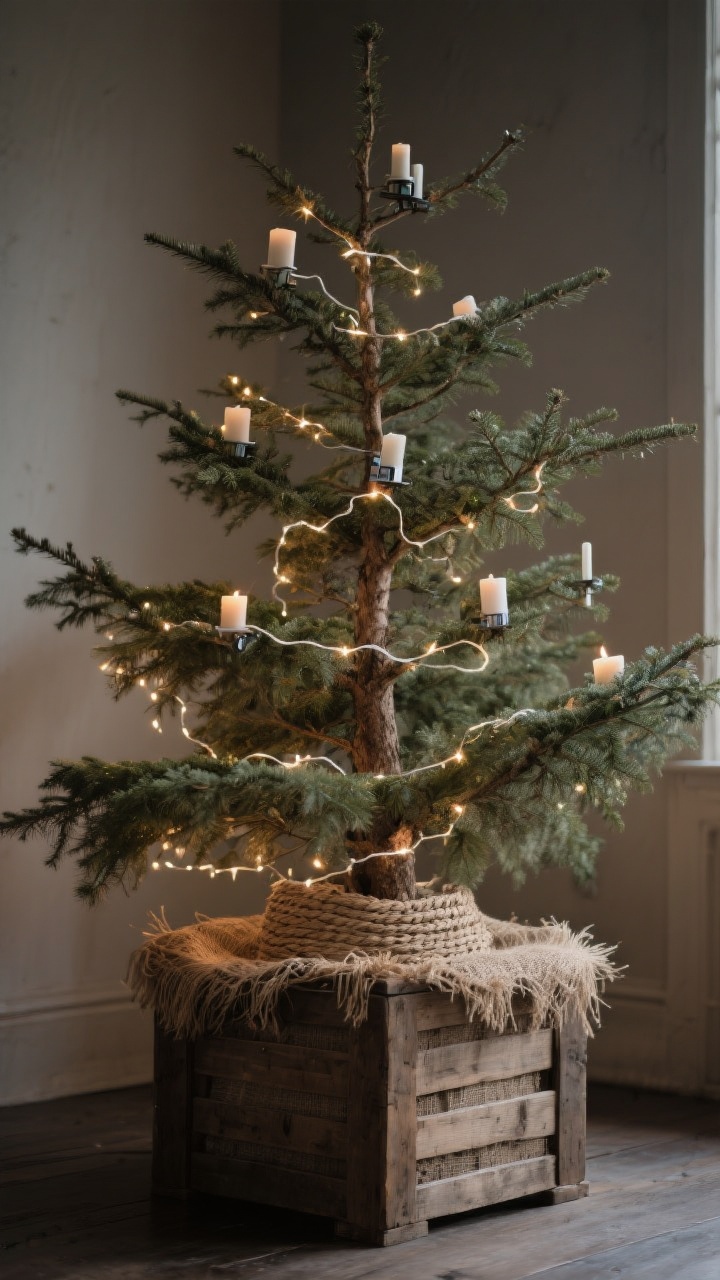 Medium shot, straight-on view of a rustic Christmas tree that looks like it wandered out of the woods: asymmetrical branches, visible trunk, soft natural greens, slightly sparse foliage. The base uses a woven seagrass tree collar over a low raw wood crate riser, with a peek of burlap layered under. Warm white lights at 2200–2700K are wrapped densely along the trunk for depth and more lightly on outer branches; a few battery-powered clip-on faux candles glow like candlelight. The room is dim and cozy with soft evening ambience; focus on the tree’s natural shape breathing, matte textures, and gentle smoldering mood. No ornaments beyond lights.