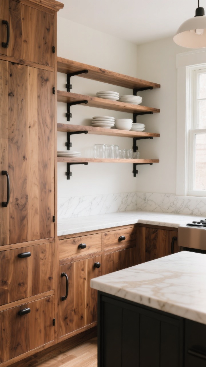 Medium shot, straight-on view of warm oak base cabinets and walnut open shelves with simple matte black bar pulls and knobs; chunky wood open shelves with matte black brackets hold white plates and clear glass; white quartz countertops and a creamy marble-look island provide contrast; a subtle natural light from a nearby window; textures: visible wood grain, soft-matte black metal, polished quartz; overall mood: cozy cottage meets sleek city loft; include a note of lighter oak tones to keep a small kitchen feeling airy; no people, photorealistic.