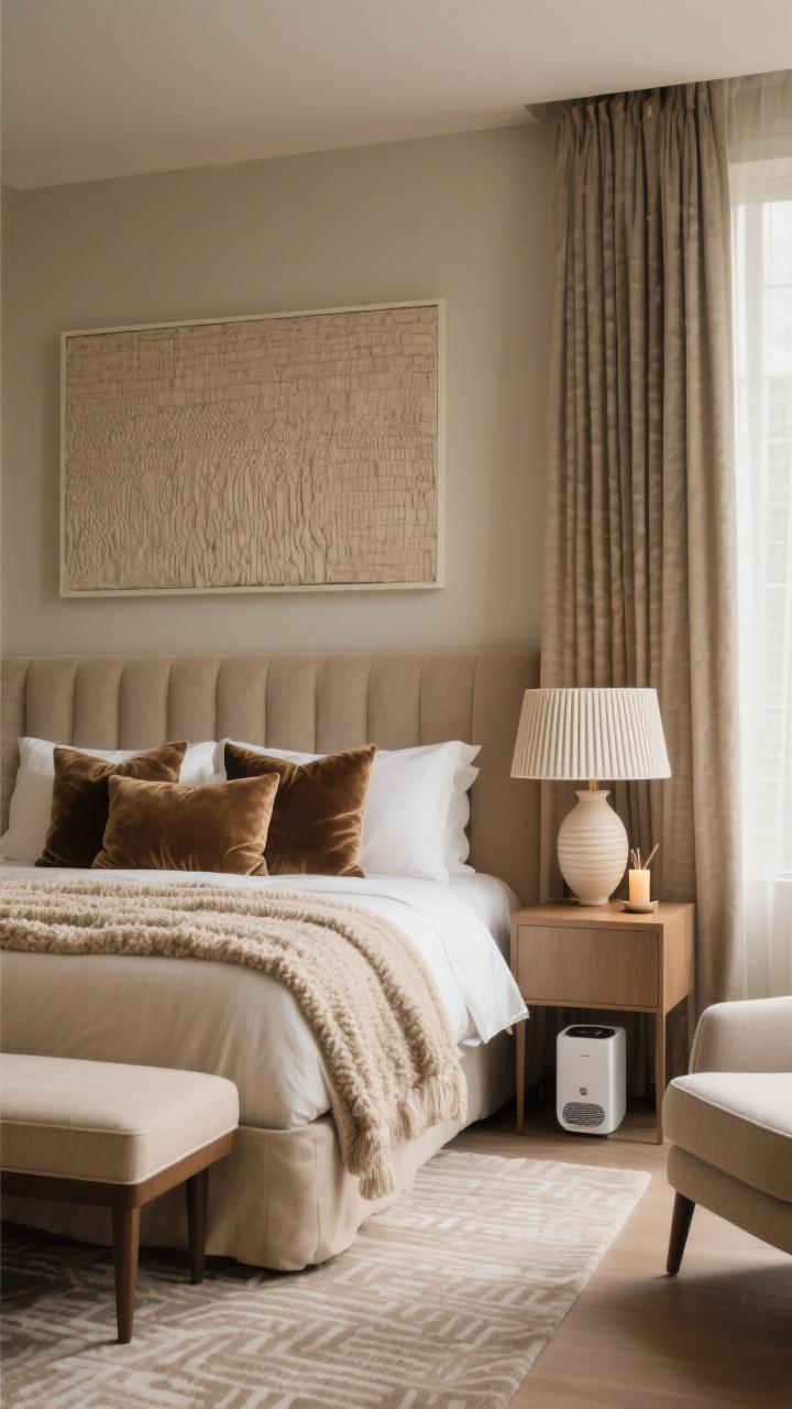 Medium shot styled like a boutique suite: tonal palette in warm neutrals with layered textures—linen duvet, boucle throw, velvet pillow, ribbed ceramic bedside lamps. One oversized art piece centered above the bed or a large textured wall hanging. A single statement moment such as a bold upholstered headboard or subtly patterned rug. Include layered window treatments for blackout/privacy, thick drapes and upholstered pieces for sound-softening, a discreet air purifier and a compact dehumidifier tucked neatly, plus a minimalist diffuser or candle with cedar/amber notes on the nightstand. Add a bench at the foot of the bed and a small lounge area (chair + side table + lamp). Mood: calm, elevated, spa-like.