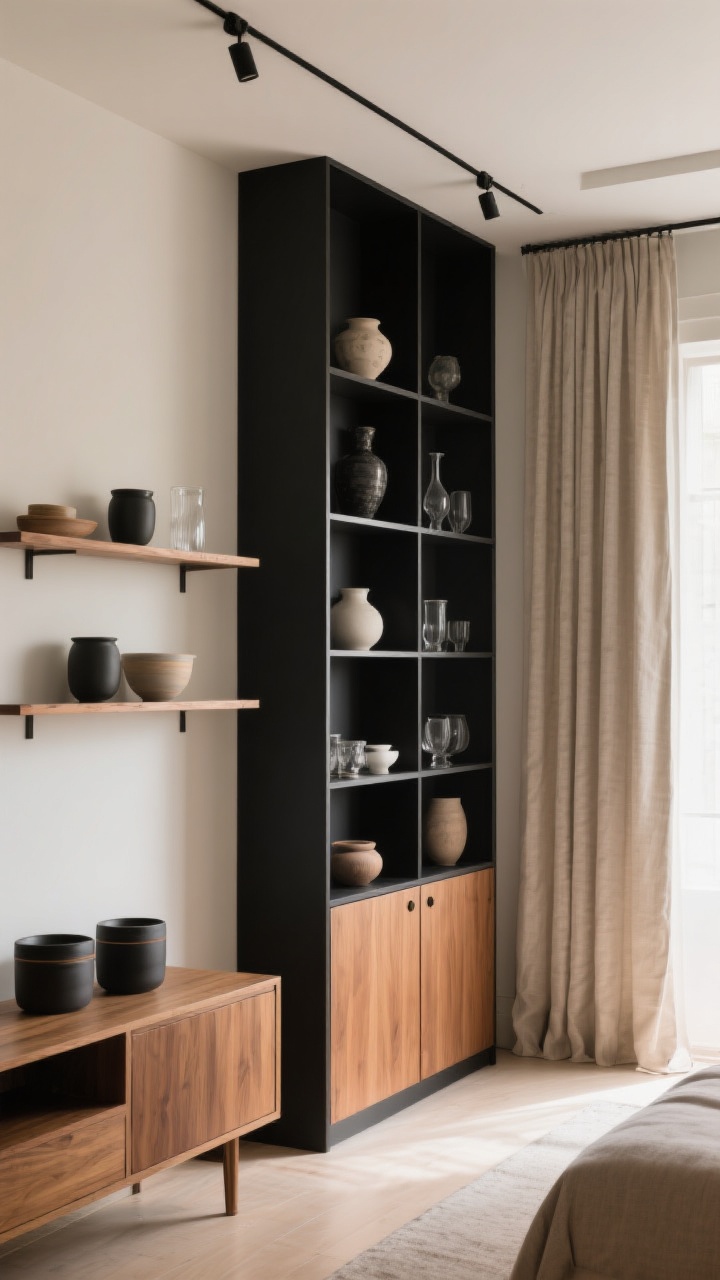 Medium shot: Vertical storage wall showcasing “built-in vibes”—a tall black-metal and warm-wood cabinet with closed lower doors and open upper shelves displaying ceramics and glassware; adjacent wall-mounted shelves above a console with matching containers; high-hanging curtain rods mounted near the ceiling with long linen curtains to elongate the room; cohesive finishes repeating black metal and warm wood; soft morning light, straight-on view, photorealistic.