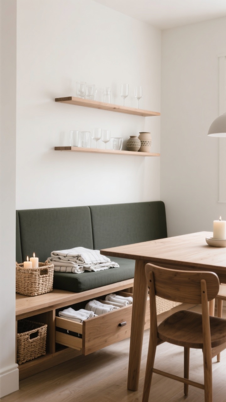 Medium shot with storage focus: Clutter-free small dining room where storage disappears into design. A drawer banquette with integrated, handle-free drawers stores linens and candles; a slim console (10–14 inches deep) with baskets neatly holds napkins and tablecloths; a pair of floating shelves above display pretty glassware and a couple of ceramics. Tight color palette: two neutrals (warm white and natural wood) plus one accent (charcoal or olive) for calm cohesion. Soft, even lighting emphasizes tidiness and intentional styling.