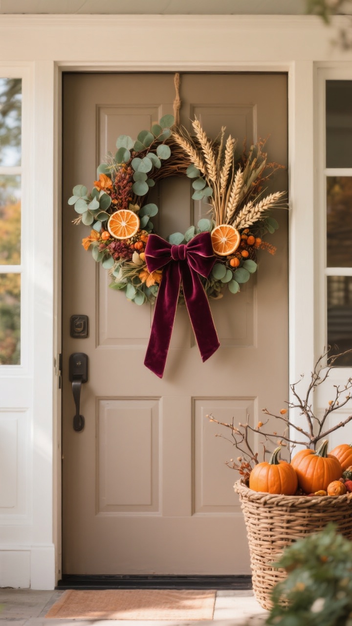 Medium, straight-on portrait of a front door made the star: a rich neutral door with a statement fall wreath featuring eucalyptus, wheat, dried orange slices, and a wide velvet ribbon tie; optional hanging basket alternative stuffed with branches and mini pumpkins; saturated accent tones (rust, merlot, jade) popping against the door; clean trim, soft natural light, shallow depth highlighting the wreath’s textures.