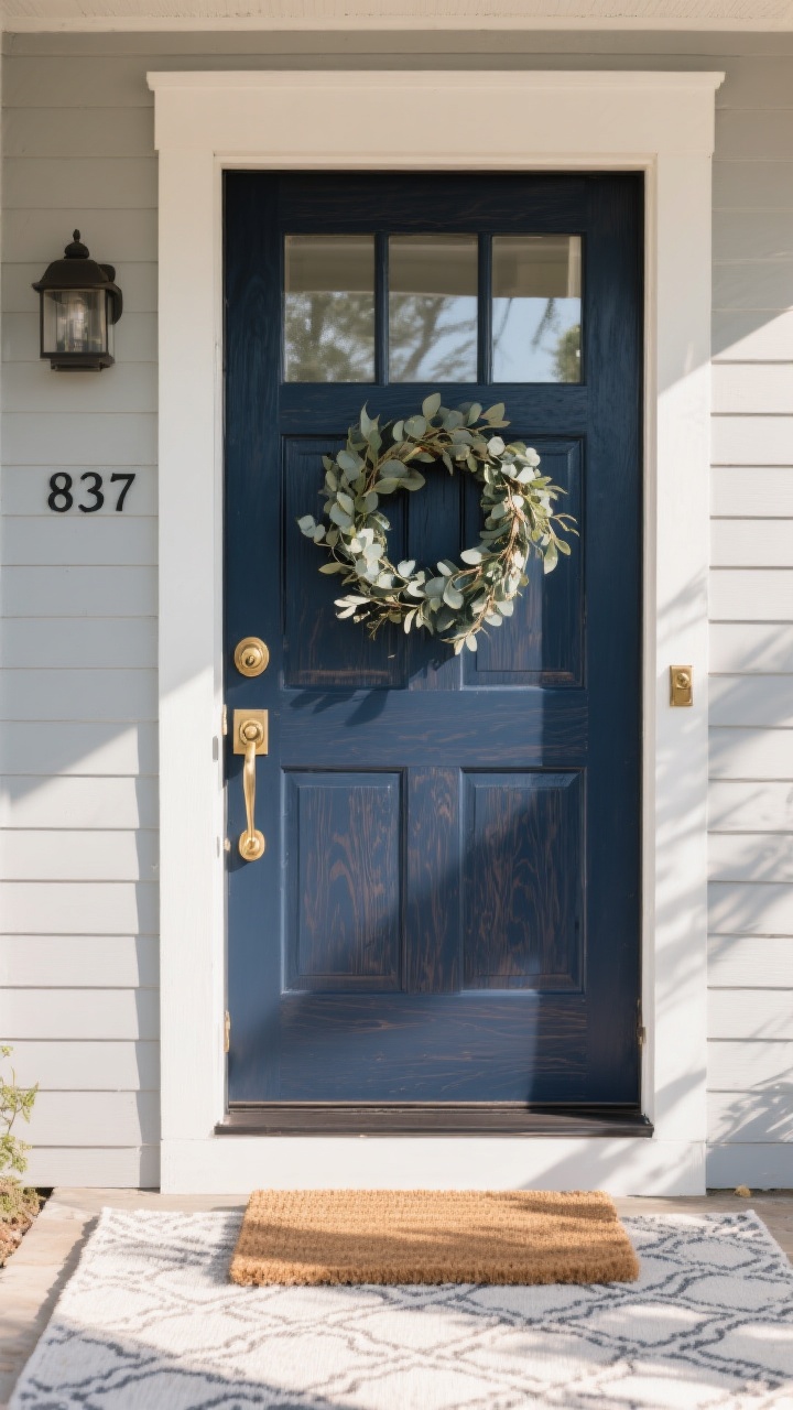 Medium, straight-on shot of a welcoming front entry showcasing a freshly painted deep navy door on soft greige siding for contrast, with a brushed brass handle set and a classic brass door knocker, slim frosted sidelight film for privacy, and a simple eucalyptus wreath; include a natural stained wood door variant feel via rich woodgrain on the door panel, matte black house numbers, and a clean coir doormat on a subtle patterned outdoor rug; afternoon natural light for a warm, cozy mood, photorealistic and crisp.