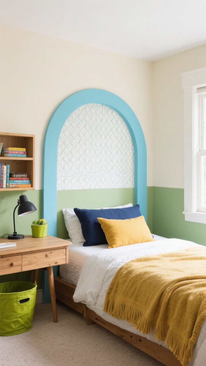 Medium, straight-on view of a kids’ room wall featuring a two-tone paint treatment: lower section in sage, upper in cream, with bold accents in navy and mustard through pillows and a throw. A painted arch in ice blue over the bed creates a focal point, while removable wallpaper with a subtle geometric pattern frames a small bookshelf. Accents include a charcoal desk lamp and a lime storage bin for energy. Soft daylight illuminates the calm-but-playful palette, with natural wood furniture keeping it timeless.