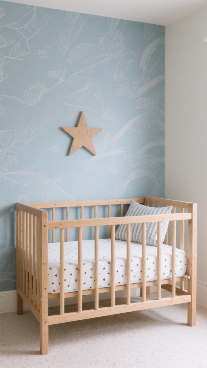 Medium straight-on view of the crib as a quiet star: a simple solid wood crib in natural finish with adjustable mattress, styled minimally with only a firm mattress and a fitted sheet in a micro print (tiny stars). Behind the crib, a soft mural or wallpaper in dusty blue with gentle motifs to create a statement wall without overwhelm. Neutral sheets, subtle stripe throw pillow nowhere near crib (not in crib for safety). Soft ambient daylight, safety-first vibe.